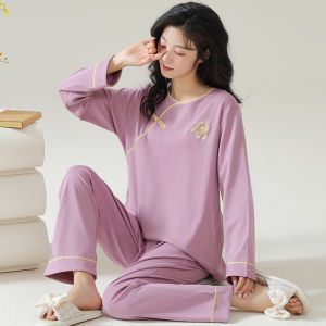 Womens Pure Cotton Long Sleeve Sleepwear Set Spring Autumn Winter Home Clothes Traditional Chinese Style Button Decorated Long Pants