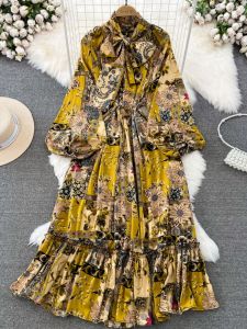 Lightly Mature Retro Elegant Lantern Long Sleeve Bows Shoelace Tight Waist A- line Printed Dress Elegance Long Skirt