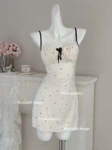 Sweet Polka Dot Sleepwear Womens Strapless Padded Nightgown V-neck Short Skirt Length Chinese Brand Home Clothes Summer