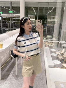 Summer 2025 New MIU Striped POLO Collar Color Block Knitted Sweater Short Sleeve Womens Korean Style Heart Design Top