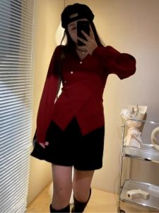 เสื้อชั้นในถักคอวีสีแดงไซส์ใหญ่ เสื้อชั้นในทรงเข้ารูป แขนยาว ปกติ ฤดูใบไม้ร่วง/ฤดูหนาว เสื้อชั้นในสตรี แฟชั่น