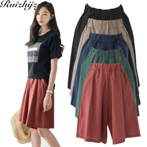 M-4XLในช่วงฤดูร้อนของผู้หญิงใหม่สีทึบฝ้ายหลวมสบายกางเกงขาสั้นผ้าลินินขนาดบวกเอวยางยืดC Omfyชายหาดสุภาพสตรีบางกางเกงขาสั้นขากว้างขนาดบวก