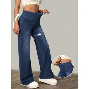 Womens high-rise wide-leg jeans with tummy tuck slim fit made from stretch denim fabric are stylish for casual everyday wear