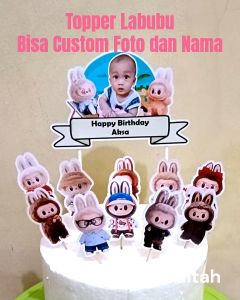 Topper Cake Labubu Custom Foto dan Nama untuk Hiasan / Dekorasi Kue Ulang Tahun Anak Karakter