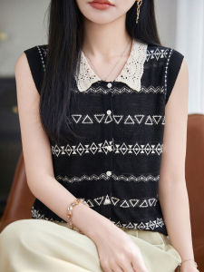 BAIWEISILI | V-neck Color Block Lace Hollow T-shirt Summer Lightweight Ice Silk Top