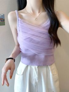 เสื้อกั๊กสายเดี่ยวผ้าตาข่ายสีขาว แขนกุด ทรงหลวม สำหรับผู้หญิง ฤดูร้อน เซ็กซี่ ดูดี สไตล์อเมริกัน ใส่ด้านใน ผ้าไหมน้ำแข็ง