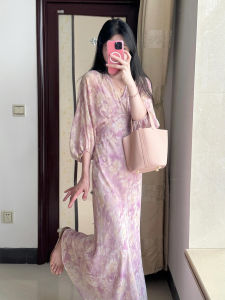 Summer Anti-Aging Floral Print Tea Break Dress Womens Elegant High Waist A-Line Dress V-Neck Lantern Sleeve Commute Style