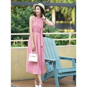 Summer 2026 Sleeveless Neckline Holiday Style Lazy Goddess Belted Long Dress Fashionable A-Line Skirt High Waist Polyester