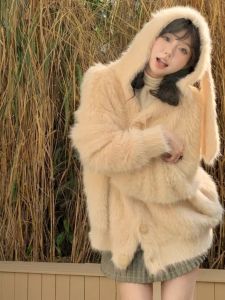 Stylish Rabbit Ears Hooded Knit Cardigan Tops Female 2024 Fall and Winter Plush Breasted Sweater Outwear