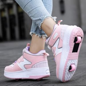 Girls Walking Shoes Double Wheel Automatic Retractable Roller Skate Shoes Internet Celebrity Hot New 2025 Primary School Students Sports Roller Skating Shoes