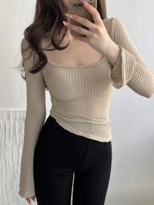 Pure Desire Style Long Sleeve Square Collar Womens Slim Fit Asymmetrical T-Shirt Fashionable Spring Autumn Winter Base Shirt