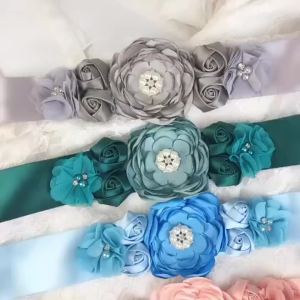 Womens Elegant Satin Flower Sash Handmade Beaded Waistband Bridal Ribbon Cummerbunds Wedding Dress Waist Belt