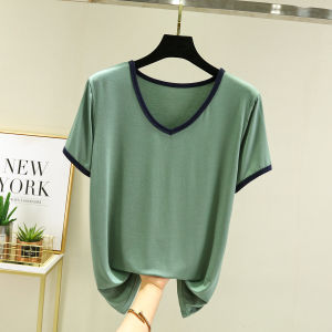 Modal Short Sleeve T-Shirt Women Summer Thin V-Neck Base Shirt Loose plus Size Solid Color Versatile Slimming Top