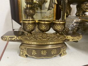 Bộ khay 3 ly bằng đồng hun giả cổ
