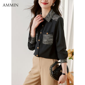 AMMIN เสื้อเบลาส์ เสื้อชีฟองหญิงสไตล์ เกาหลี เสื้อเบลาส์มิสติก ดำกระดูม เดียวกระเป๋าสไตล์ วินเทจ 2023