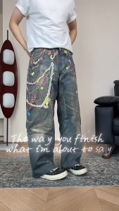 CalceNubes อเมริกันวินเทจฮิปฮอปโซ่ฮิปฮอปกางเกงยีนส์พิมพ์พังก์กราฟฟิตีกางเกงยีนส์