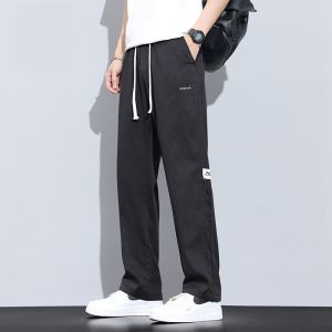 ROMON | Romon Mens Casual Pants Summer Thin Ice Silk Loose Wide Leg Long Trousers Fashionable Straight Cut Loose Fit Urban Style