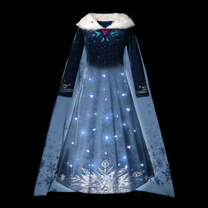 LED Light Up Esla Costume Winter Dress Fur Collar Halloween Disguise Party Girls Birthday Party Gowns Long Sleeve Girls Dresses
