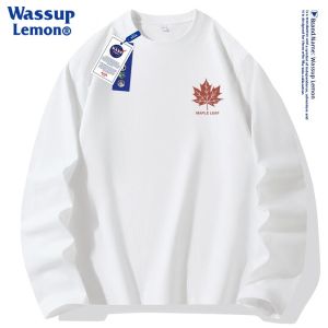 WASSUP LEMON Mens Long Sleeve Cotton T-shirt Casual round Neck Spring Autumn White Large Size Inner Wear Comfortable Fit