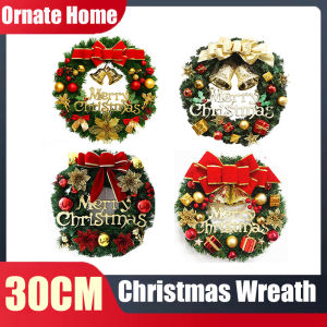 30CM Artificial Christmas Wreath Front Door Hanging Decor with Bells Gift Bows & Stars for Christmas Tree & Home Windows
