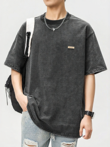 Wood soon | Mens Loose Round Neck Cotton T-Shirt Summer Retro Washed Japanese Casual