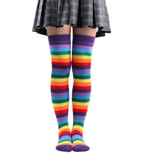 Colorful Knee-High Stockings for Women Leisure Rainbow Stripes Socks Party Teenagers Students Anime Cosplay Dance Lady Stockings