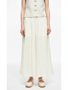 Linen-blend Wide-leg Pleated Elastic Waist Capri Pants