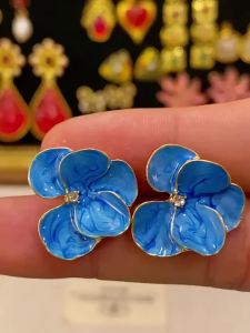 Vintage Blue Dripping Oil Flower Stud Earings for Women Inlaid Rhinestone Smuding Petal Ear Studs Party Daily Charms Бижутерия N