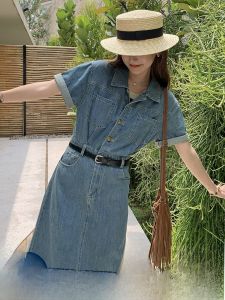 ชุดเดรสยีนส์สีน้ำเงินสไตล์ย้อนยุคสำหรับผู้หญิง ฤดูใบไม้ผลิและฤดูใบไม้ร่วง ชุดเดรสแขนสั้นทรงเอเข้ารูปสไตล์ฝรั่งเศสสำหรับสาวน้อย ชุดเดรสกระโปรงทรงเอ