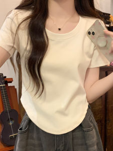 Versatile Solid Color Short Sleeve T-Shirt Womens High Waist Slim Fit Crop Top Shoulder Width Regular round Neck Cotton Blend