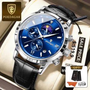 POEDAGAR Đồng Hồ Cho Nam Giới Thạch Anh Cổ Tay Ban Đầu Mens Đồng Hồ relo da thật không thấm nước Kinh Doanh Sáng 3D Mặt Trời trăng sao Đa Chức Năng Thiết Kế Lịch Thời Trang Với Hộp 882