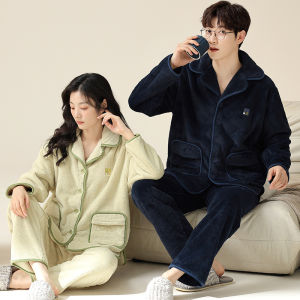 Couple Pajamas Winter Coral Fleece Mens and Womens Thickened with Flannel Winter Bright Home Wear Autumn and Winter