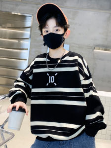 Boys Long Sleeve Fleece Lined T-Shirt Spring Autumn Striped Base Layer Shirt Childrens Streetwear Hoodie Korean Style Loose Fit