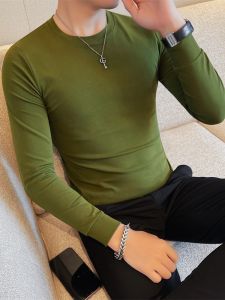 Slim Fit Long Sleeve round Neck T-Shirt Mens Base Layer Elastic Korean Style Solid Color Spring Autumn New Tight Versatile