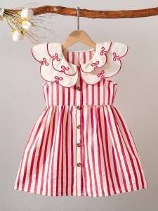 (5120) Little Girls Summer Fresh and Energetic Red and White Striped Dress with Doll Collar and Bow Embroidery in a Retro Cute Style Suitable for Amusement Parks Theme Parties Vacations and Gatherings.
