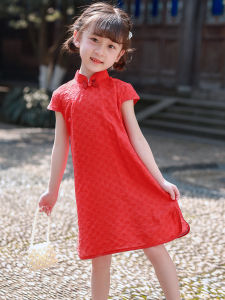 Red Chinese Style Childrens Cheongsam Dress Little Girl Improved Version Solid Color Summer New Arrival Cotton Blend Fabric