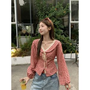 French Check Lace V-Neck Blouse
