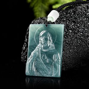 TIMESWIND Natural A-grade Jade Blue Jesus Father Faith Square Men Pendant with Certificate