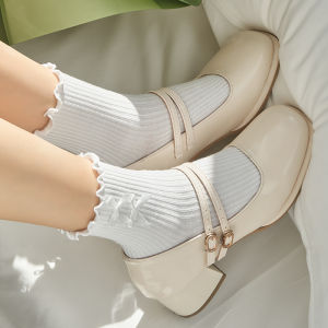 Girls Butterfly Knot Mid-Calf Socks White Spring Autumn Mary Jane Shoe JK Small Leather Shoe Summer Long Socks Cotton Fabric