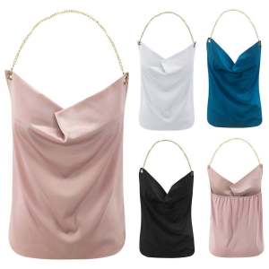 โซ่โลหะ ผ้าซาติน เปลือย เสื้อท่อนบน สตรีทสไตล์ คอคล้องคอ เปิดเผยด้านหลัง ผู้หญิง สลิมฟิต เสื้อกั๊ก ฤดูร้อน แฟชั่นสีบริสุทธิ์