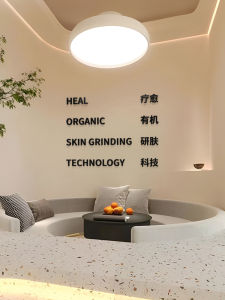 3d สติ๊กเกอร์ติดผนังร้านเสริมสวยตกแต่ง Healing Studio ด้านหน้าโต๊ะพื้นหลังโลโก้ทําโมเดิร์น Minimalist Pvc Wall Decals