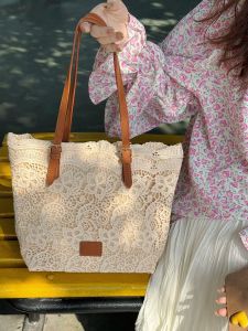 Korean Style Lace Bucket Bag Womens Commuter Tote Bag Vacation Casual Artistic Synthetic Leather Shoulder Bag Medium Size