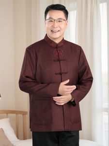 Heng Qi Yuan Ji Xiang Tang Costume Mens Style Retro Dad Clothes Outerwear Cotton Blend Fabric Long Sleeve Button Decorated