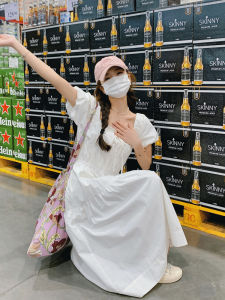 Sweet A-Line Midi Dress Womens White Waist-Cinching French Anemone Square-neck Bubble Sleeve Commute Style Summer New