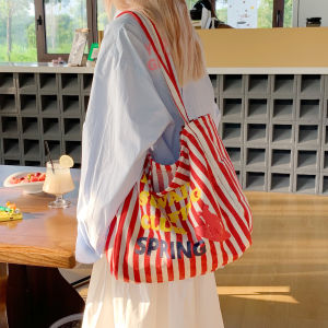Summer Large Capacity Commuter Tote Bag Womens Casual Striped Canvas Handbag Single Shoulder Bag Korean Style Soft Nylon Strap