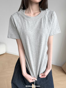 Inbeshowroom Design Sense Splice Deconstruction Shoulder T-Shirt Womens American Match Pure Color Short Top Cotton Summer