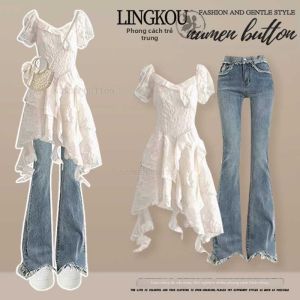 NUMEN BUTTON | Bộ Đầm Không T Tay Sweet Phong Cách Pháp và Quần Jeans Xòe Dành Cho Size Lớn