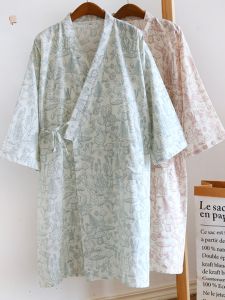 Summer Pure Cotton Gauze Womens Sleepwear Kimono Style Open Cardigan plus Size Fatty Cartoon Japanese Style Home Clothes