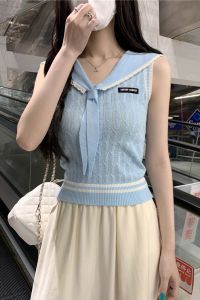 Áo Len Dệt Kim Cổ Thuyền Màu Xanh Nước Biển Cho Nữ Mùa Đông Áo Vest Không Tay Ngọt Ngào Cay Nồng Áo Ngắn Thanh Lịch