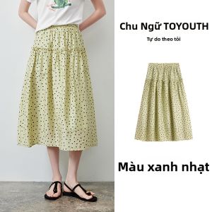Toyouth | Chân Váy Lụa Lyocell Họa Tiết Chấm Bi Phong Cách Cổ Điển Pháp Có Viền Gỗ